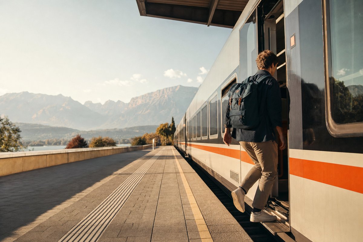 Reisender mit kleinem Rucksack steigt an einem sonnigen Bahnsteig in einen modernen österreichischen Zug