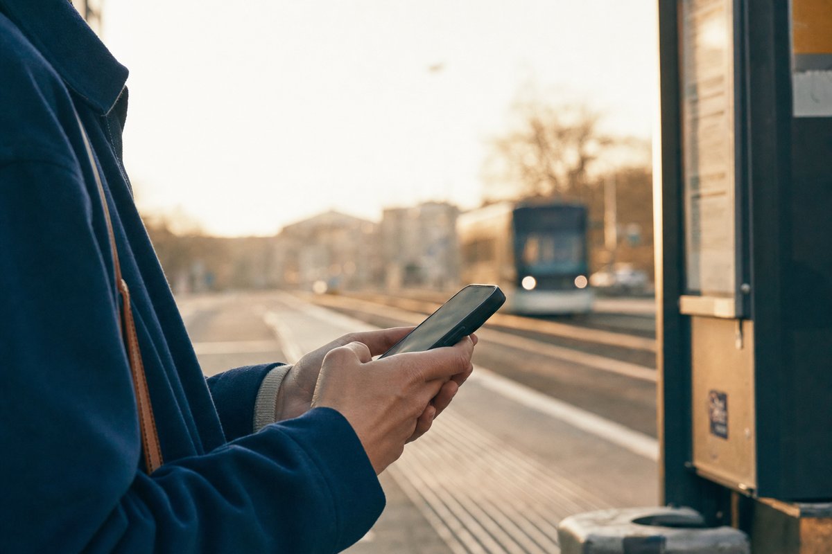 Hände halten an einer sonnigen Haltestelle ein Smartphone, im Hintergrund unscharf eine Straßenbahn