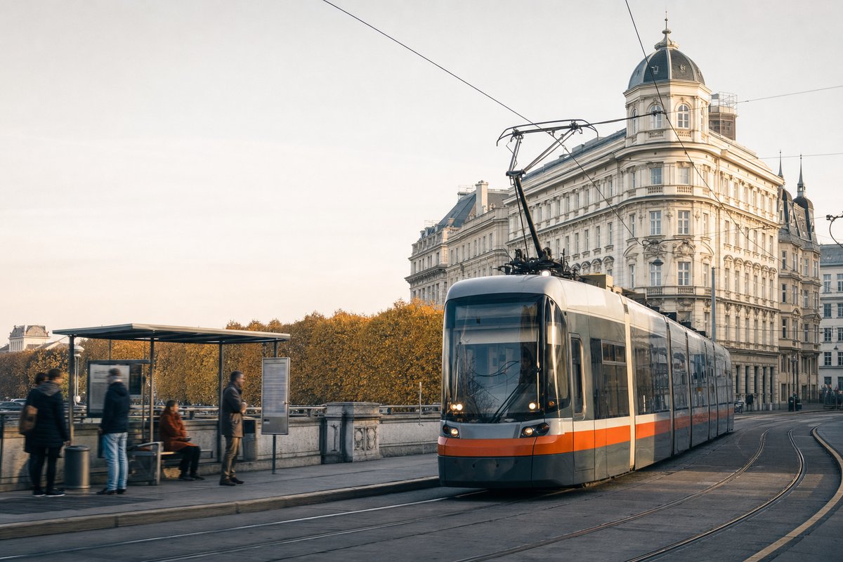 Moderne Niederflur-Straßenbahn in einer österreichischen Stadt im Morgenlicht, wartende Fahrgäste an einer Haltestelle
