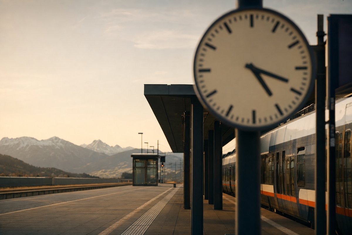 Große analoge Bahnhofsuhr im Vordergrund, dahinter unscharf ein moderner Bahnsteig mit wartendem Zug