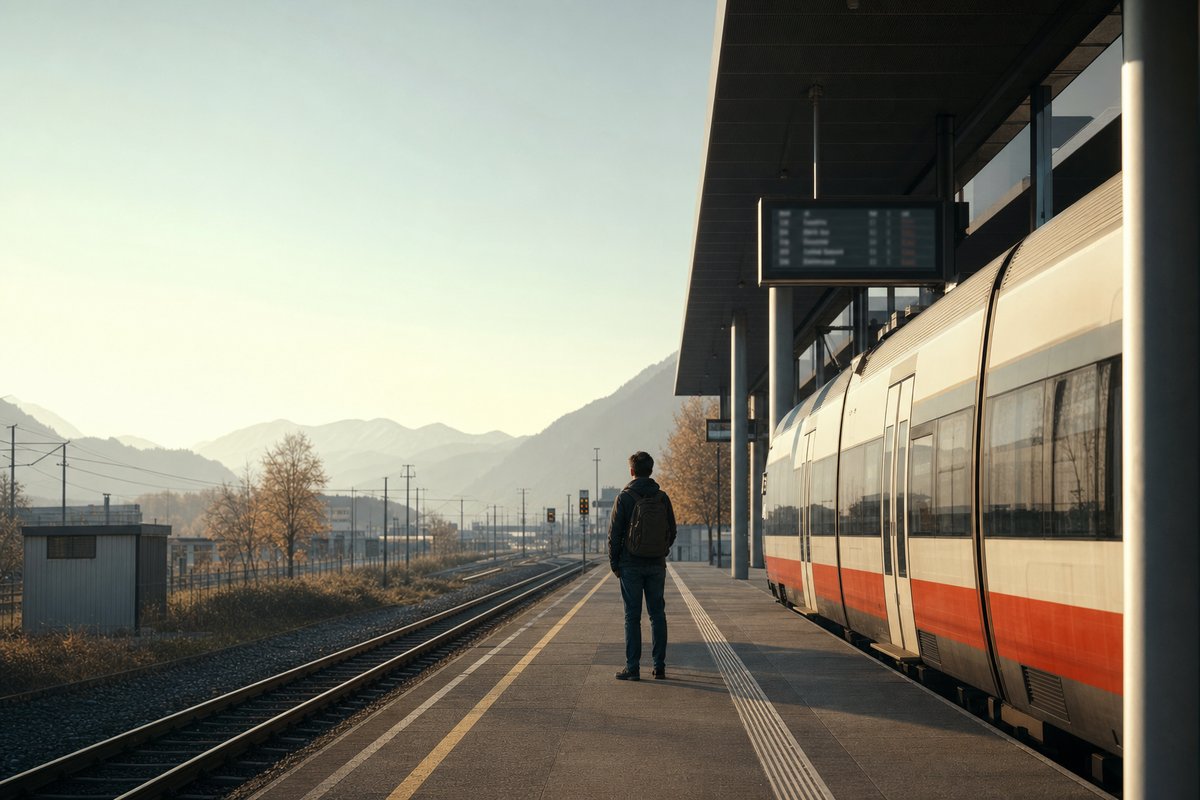 Regionalzug am Bahnsteig einer österreichischen Station im Morgenlicht, im Hintergrund die Berge
