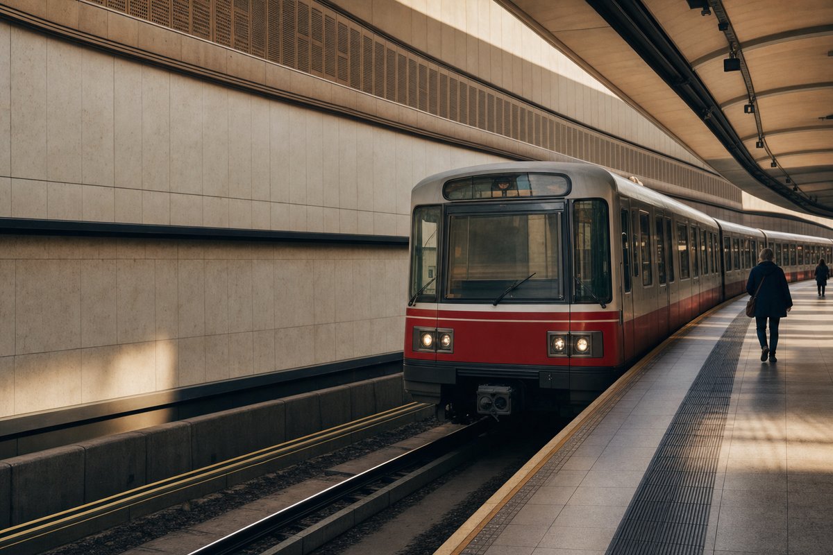 Rot-weiße Wiener U-Bahn fährt in einen hellen, gefliesten Bahnsteig ein